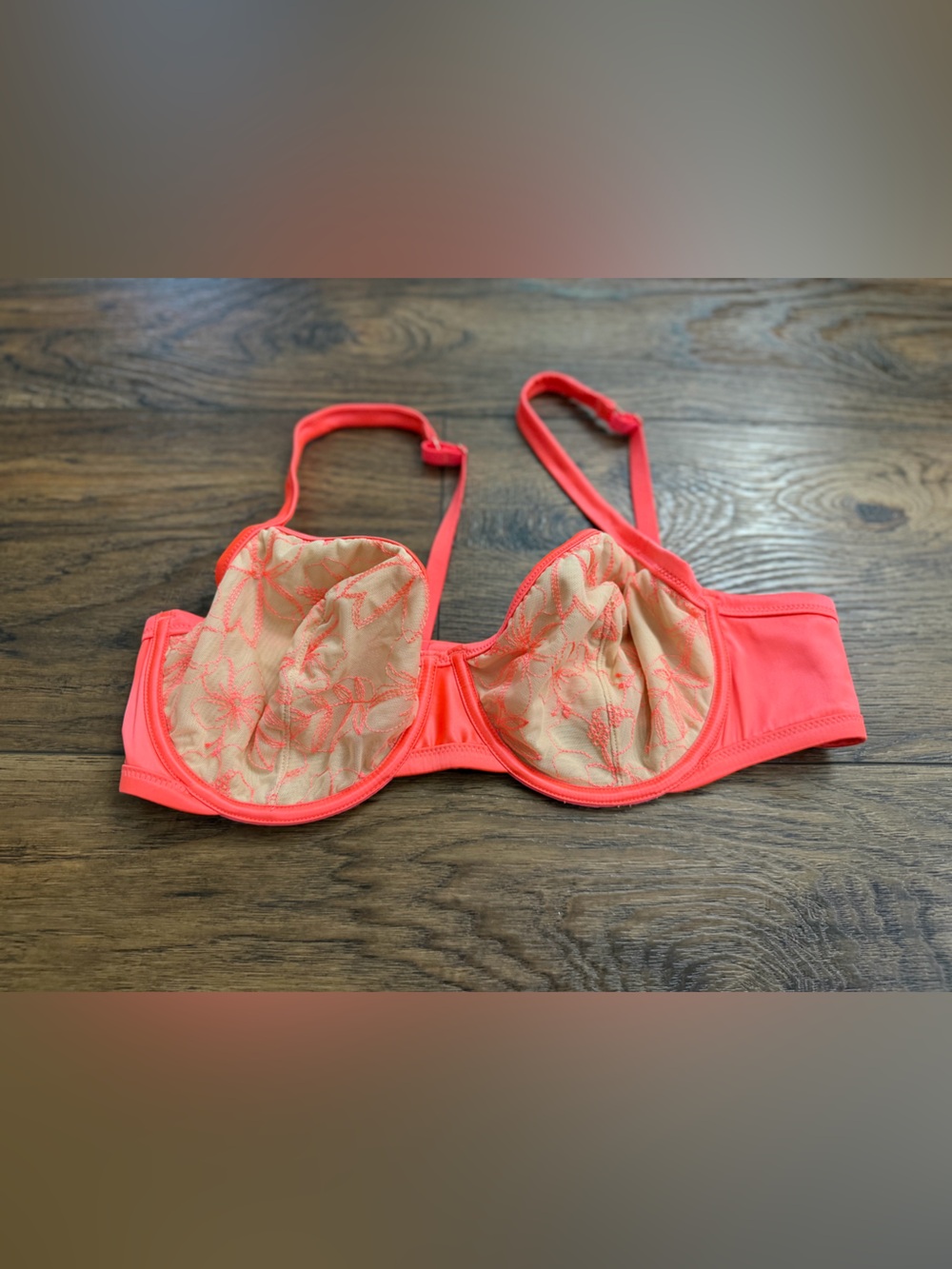 aerie Coral Pink Underwire Bra with Embroidered Nude Lining